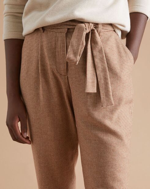 Pantalon en Laine mélangée ceinturé pied de puce beige moyen/multicolore