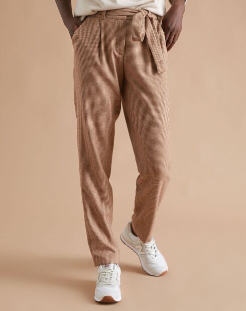 Pantalon en Laine mélangée ceinturé pied de puce beige moyen/multicolore