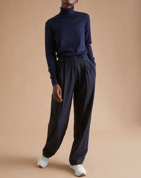 Donkerblauwe broek met wijde pijpen van wolmix