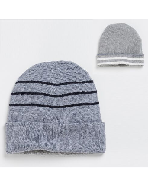 Bonnet réversible en Coton & Cachemire rayé bleu/gris