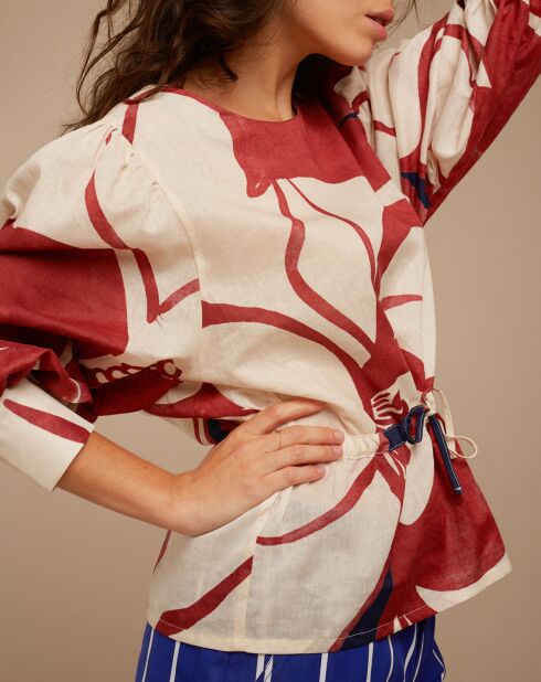 Beirut blouse van linnen en katoen ecru/rood