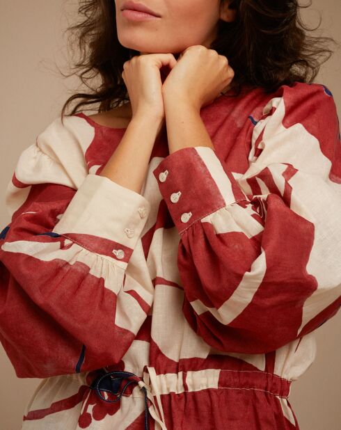 Beirut blouse van linnen en katoen ecru/rood