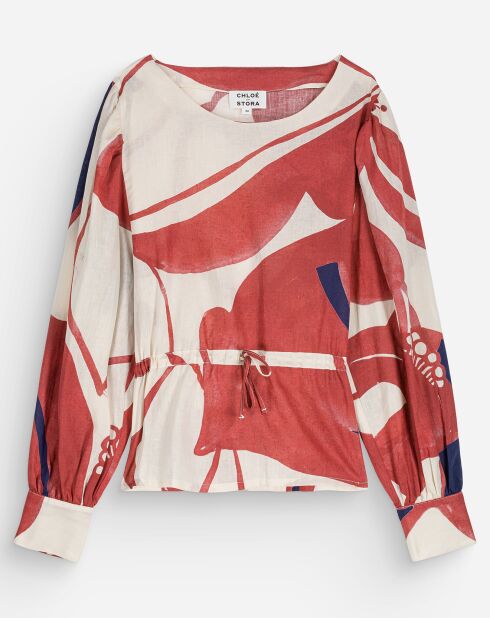 Beirut blouse van linnen en katoen ecru/rood
