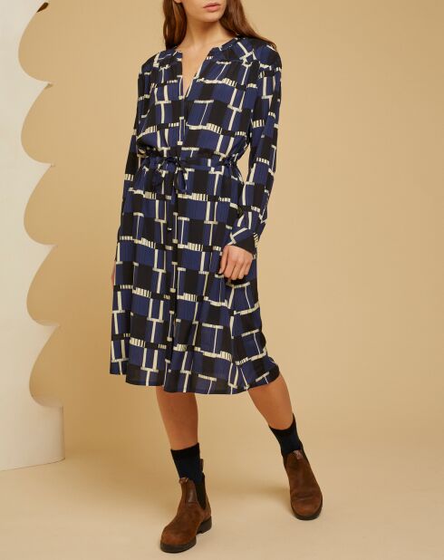 Nectar jurk in crêpe met marineblauwe print