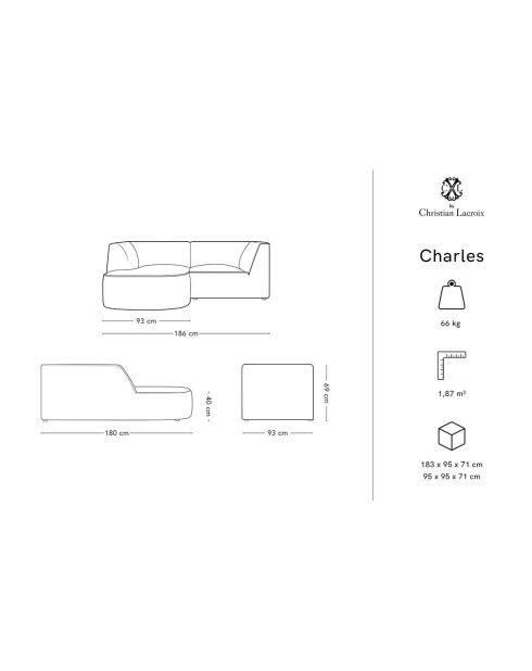 Canapé D'Angle Gauche Velours Charles 3 Places beige - 186x180x69 cm