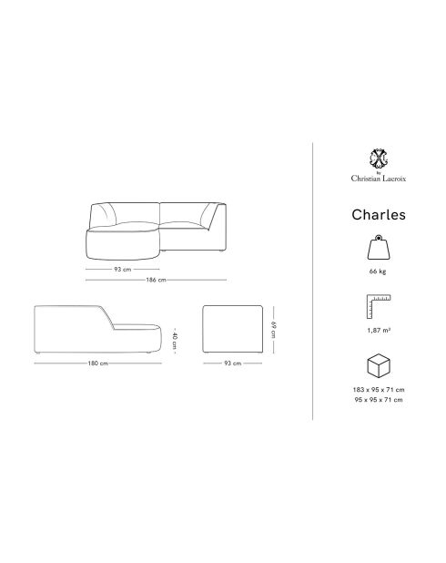 Charles Velvet Linkerhoekbank 3-zits lichtgrijs - 186x180x69 cm