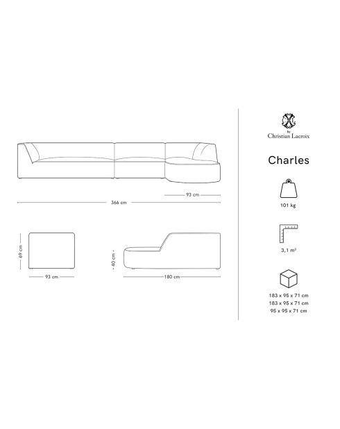 Canapé D'Angle Droit Velours Charles 5 Places gris clair - 366x180x69 cm