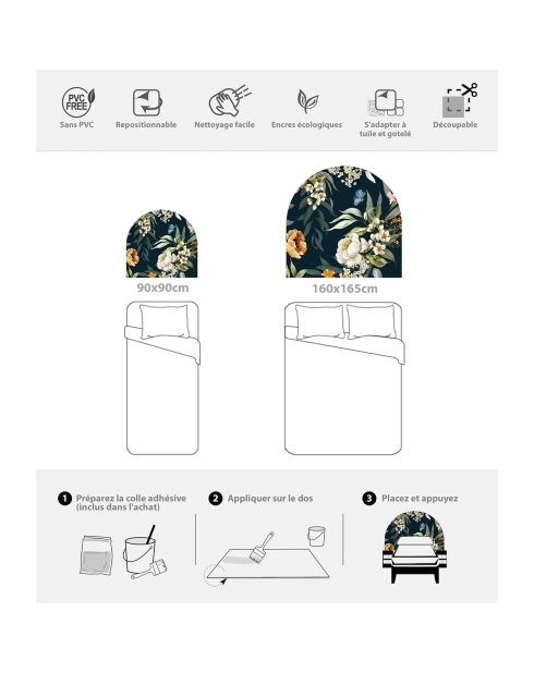 Tête de lit en vinyle Arco Floral Acuarela multicolore - 160x165 cm