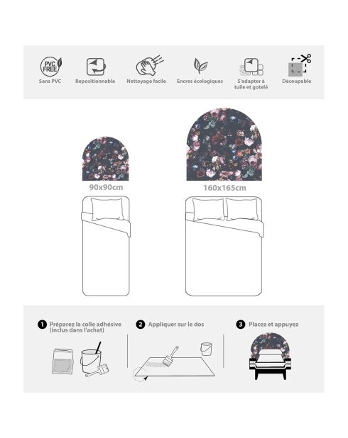 Tête de lit en vinyle Arco Rosas Sobre Noir multicolore - 160x165 cm