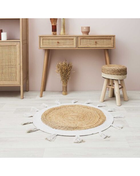 Tapis rond en Jute & pompons beige - 80x80 cm