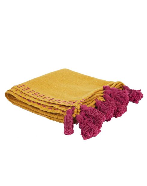 Jeté de canapé surpiqué pompons jaune/rose - 130x170 cm
