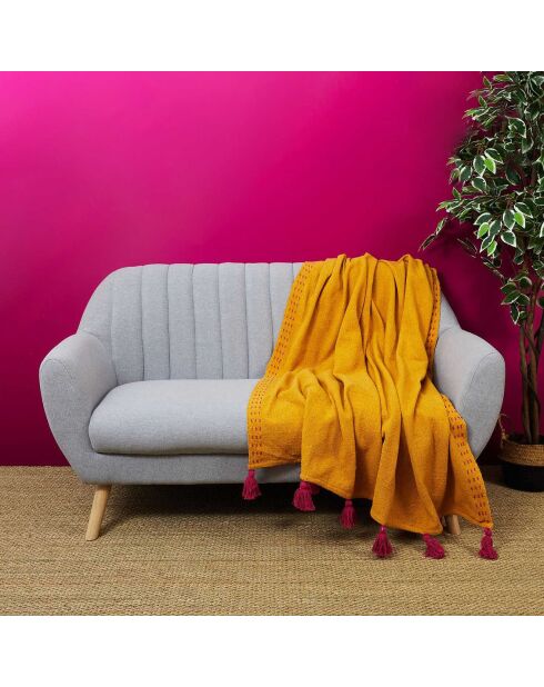 Jeté de canapé surpiqué pompons jaune/rose - 130x170 cm