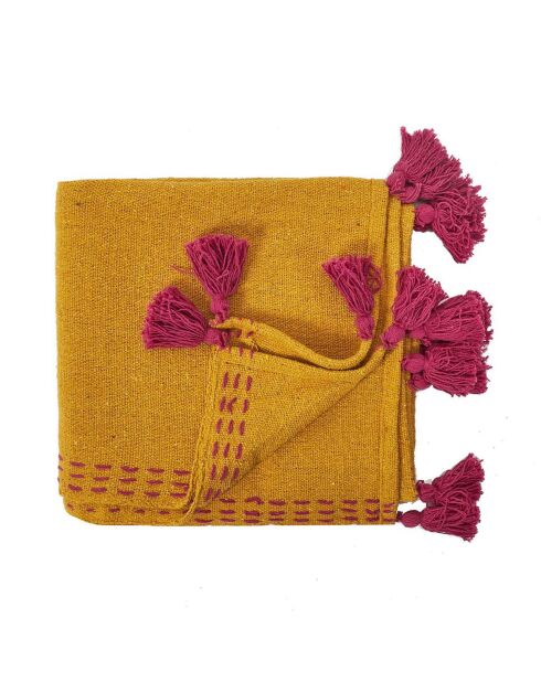 Jeté de canapé surpiqué pompons jaune/rose - 130x170 cm