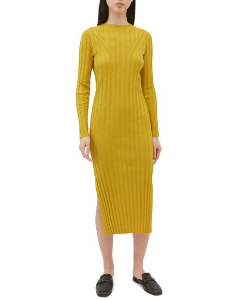 Maxi abito giallo a costine in cotone e lino