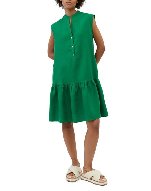 Robe 100% Lin sans manches Col V vert foncé