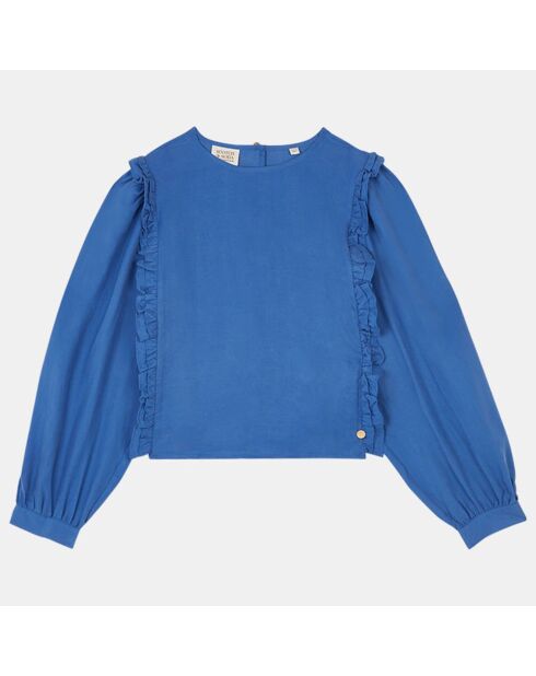 Blouse fluide unie à volants bleu