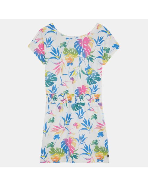 Abito in cotone stampato bianco/multicolor con fiori e foglie