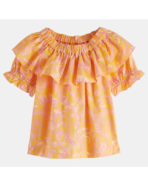 Top en Coton à motif et volant au col rose/orange