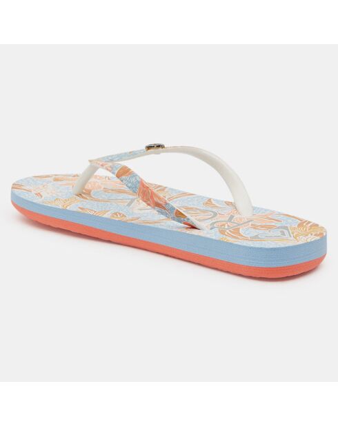 Blauw/oranje teenslippers met bloemensteentjes