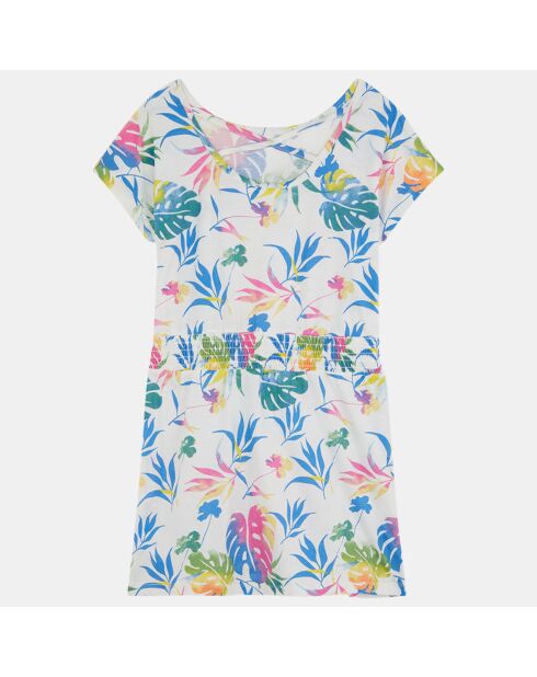 Abito in cotone stampato bianco/multicolor con fiori e foglie