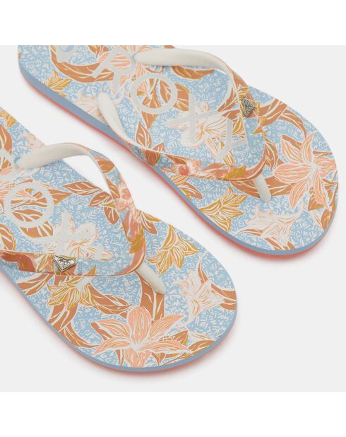 Blauw/oranje teenslippers met bloemensteentjes