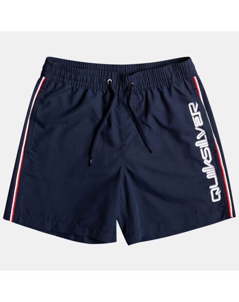 Short de Bain en 100% matière recyclée à bandes et logo bleu marine