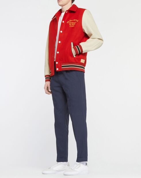 Blouson Teddy en Laine mélangée & Cuir rouge/écru