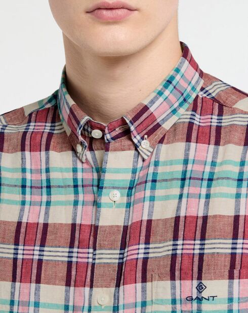 Chemise 100% Lin rayée Madras rouge