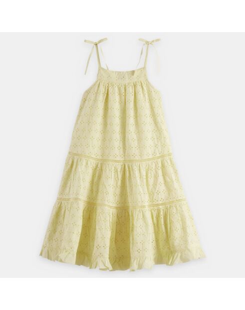 Kleid aus Bio-Baumwolle mit englischer Stickerei und dünnen gelben Trägern