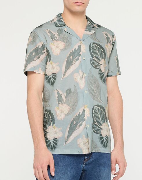 Chemise en Lin mélangé Bowling  à imprimé tropical vert clair