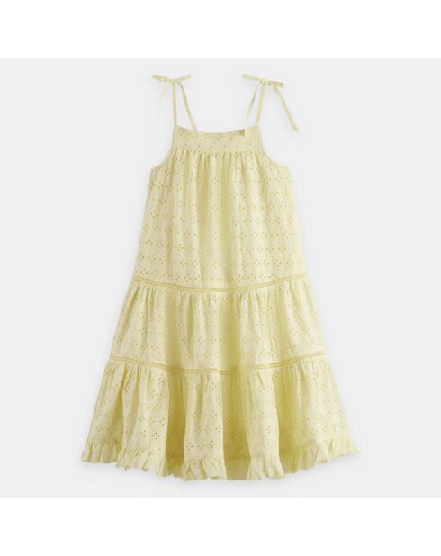 Kleid aus Bio-Baumwolle mit englischer Stickerei und dünnen gelben Trägern