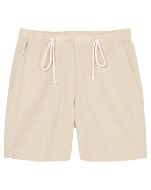 Beige korte broek met elastische taille van katoen en linnen