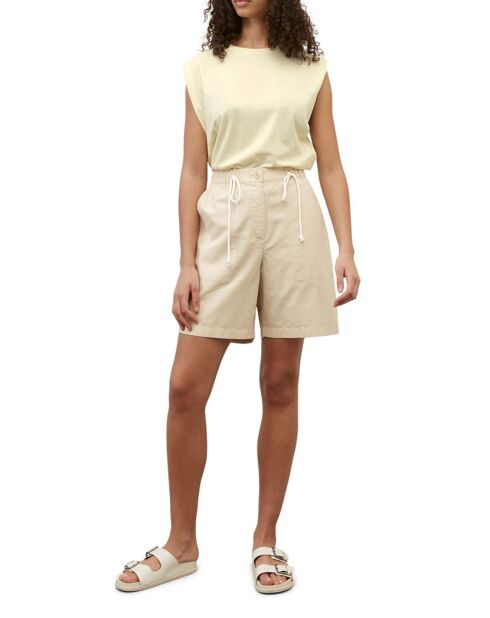 Beige korte broek met elastische taille van katoen en linnen