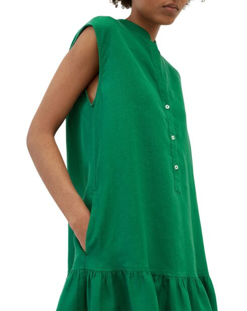 Robe 100% Lin sans manches Col V vert foncé