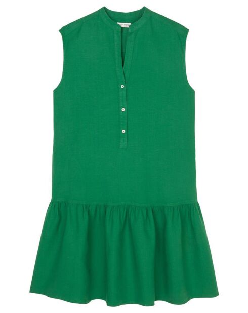 Robe 100% Lin sans manches Col V vert foncé
