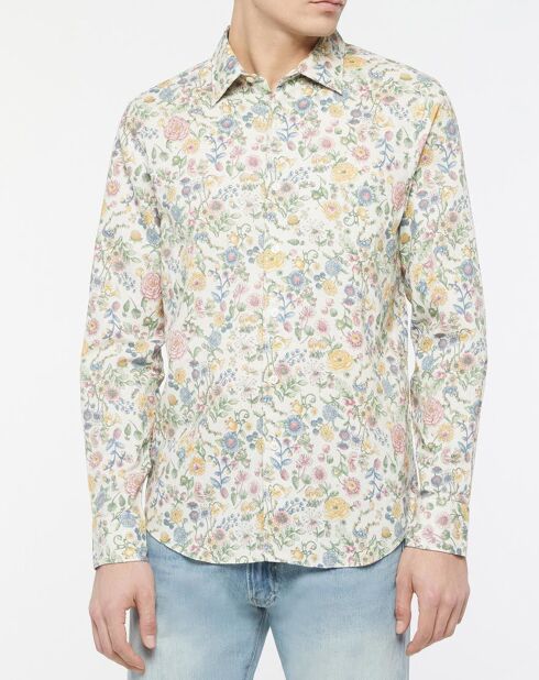 Weißes Hemd aus Leinen und Baumwolle mit Blumenmuster