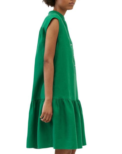 Robe 100% Lin sans manches Col V vert foncé