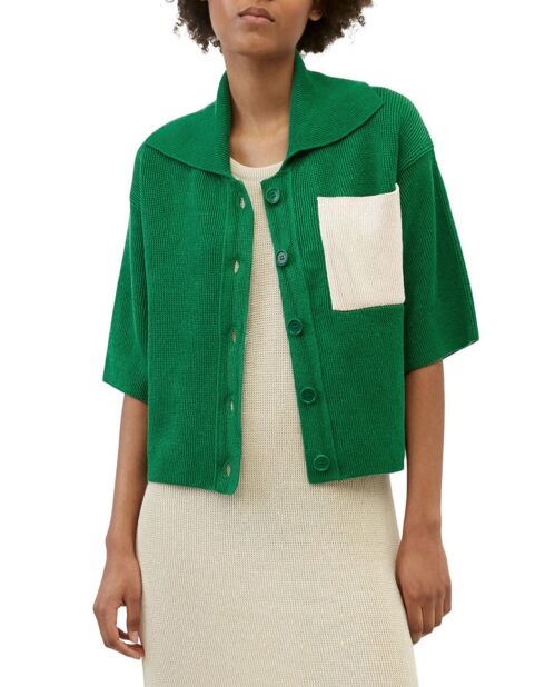 Gilet 100% Lin Maille Poche Bicol Kl vert