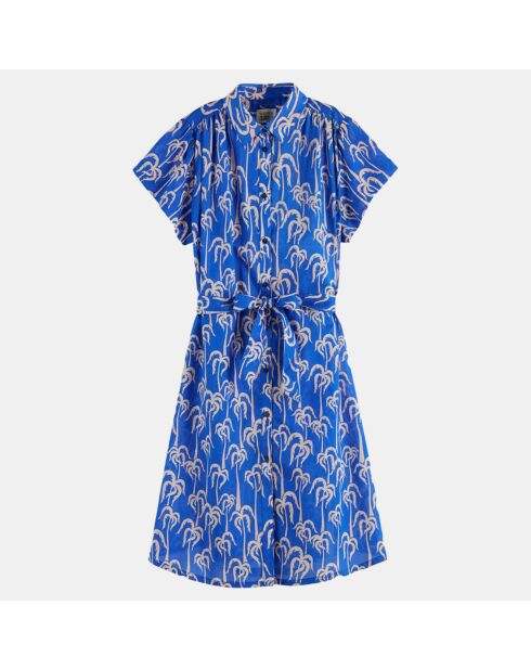 Robe en Coton bio satiné imprimé palmiers bleue