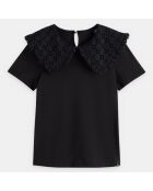 T-Shirt en Coton à Col broderie anglaise noir