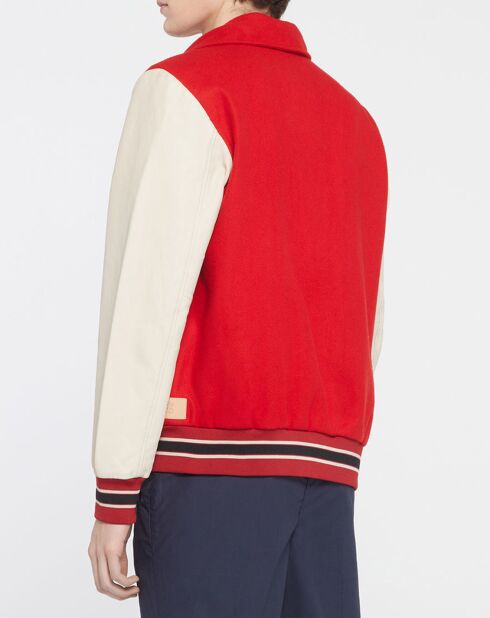 Blouson Teddy en Laine mélangée & Cuir rouge/écru