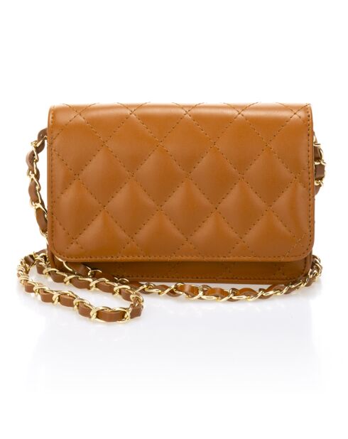 Sac bandoulière en Cuir matelassé Iris camel - 19x4x14 cm