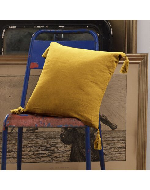 Coussin déhoussable avec pompons Gaze de coton Gaïa safran