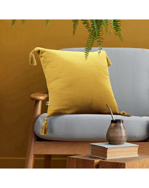 Coussin déhoussable avec pompons Gaze de coton Gaïa safran