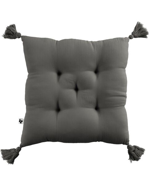 Coussin capitonné 5 points avec pompons Gaze de coton Gaïa granit