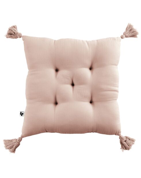Coussin capitonné 5 points avec pompons Gaze de coton Gaïa guimauve