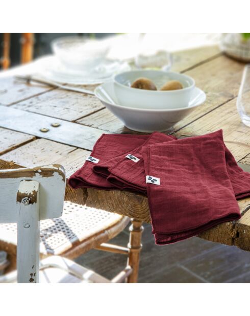 3 Serviettes de table Gaze de coton Gaïa lie de vin