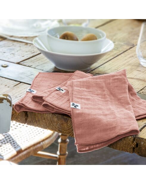 3 Serviettes de table Gaze de coton Gaïa rose pêche