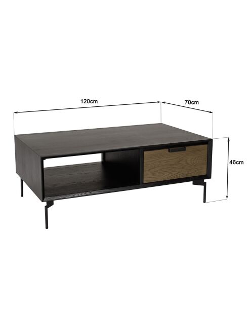 Table basse noire 1 niche 2 tiroirs Alma bois/noir - 120x70x46 cm