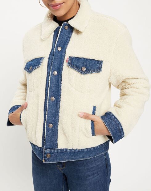 Veste en jean extérieur et intérieur fourrée Sherpa crème/bleu